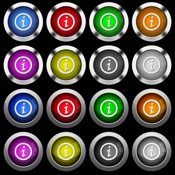 Πληροφορίες λευκό εικονίδια στο γύρο γυαλιστερά κουμπιά με χαλύβδινο σκελετό σε μαύρο φόντο. Τα κουμπιά είναι σε δύο διαφορετικά στυλ και τα οκτώ χρώματα. - Διάνυσμα, εικόνα