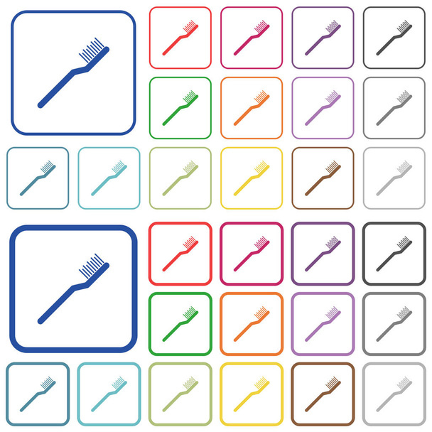 Cepillo de dientes de color iconos planos en marcos cuadrados redondeados. Versiones finas y gruesas incluidas
. - Vector, Imagen