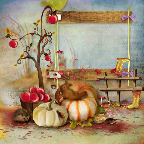 Autumnal frame of a rich harvest of pumpkin and apples - Photo, Image