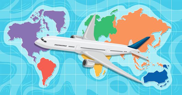 Airplane infront of a global map illustration - Vector, Image