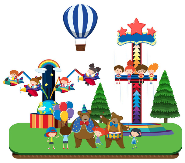 Діти в тематичному парку і веселі атракціони ілюстрація
 - Вектор, зображення
