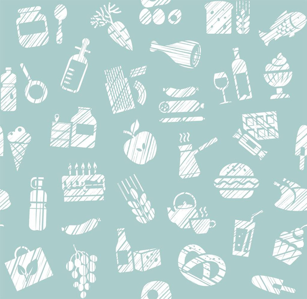 Food, seamless pattern, grocery store, pencil shading, single color, blue, vector. Food and drinks, production and sale. White icons on a light blue field. Imitation of pencil hatching. Vector background.  - Vektör, Görsel