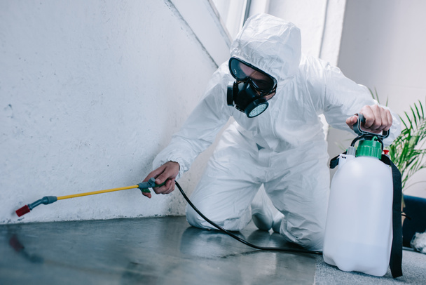 pest control werknemer sproeien van pesticiden op de vloer thuis - Foto, afbeelding