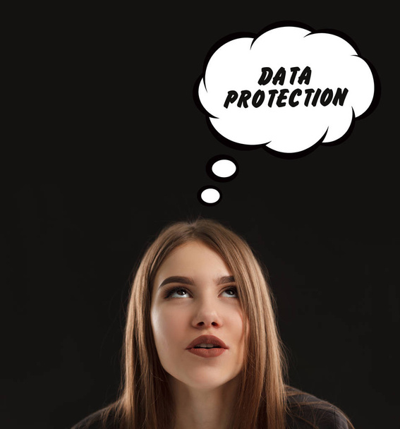 The concept of marketing, technology, the Internet and the network. The young entrepreneur gets an idea: Data protection - 写真・画像