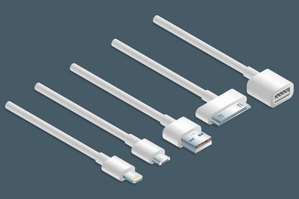 Isometrische illustratie van defferent witte connectoren-kabels - Vector, afbeelding