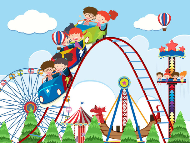 Niños y paseos en el parque de atracciones ilustración
 - Vector, imagen