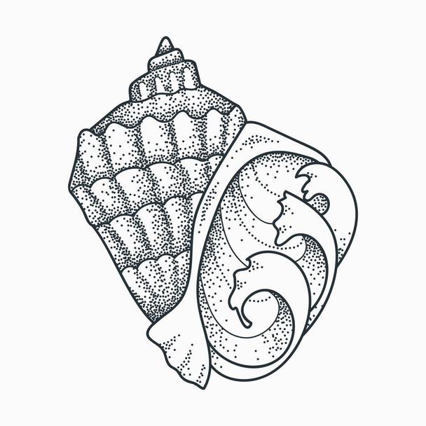 Seashell met oceaan golven vectorillustratie. Blackwork dotwork tattoo ontwerp. - Vector, afbeelding
