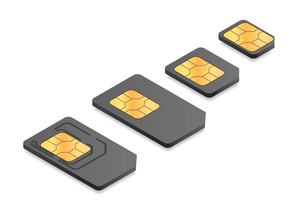 Ilustración isométrica de tipos de tarjetas SIM defferentes: mini, micro, nano
. - Vector, imagen