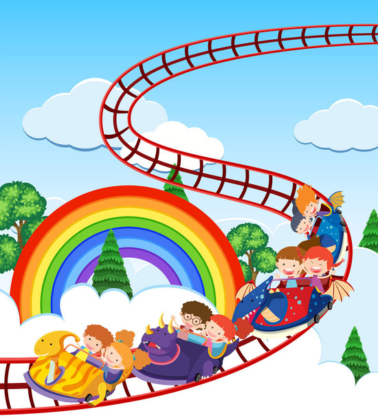 Crianças montando dinossauros trem ilustração
 - Vetor, Imagem