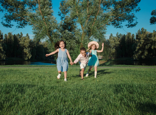 de kleine kinderen spelen op het gazon. twee meisjes en een jongen - Foto, afbeelding