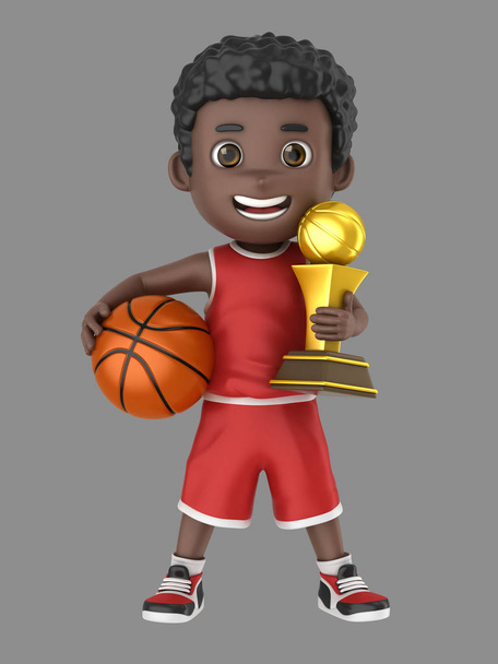 3d illustration of a cute african american kid holding a basketball and a trophy in uniform - Photo, Image