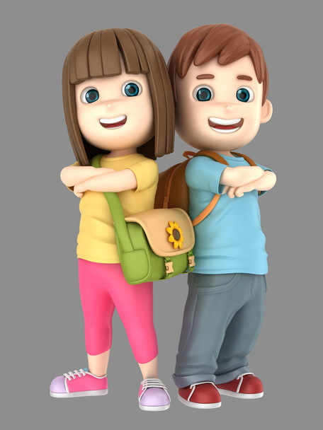 Illustration 3D de mignon petit garçon et fille confiant et fier de porter des sacs
 - Photo, image