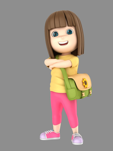 3D-illustraion van schattig meisje vol vertrouwen en trots dragen zakje - Foto, afbeelding
