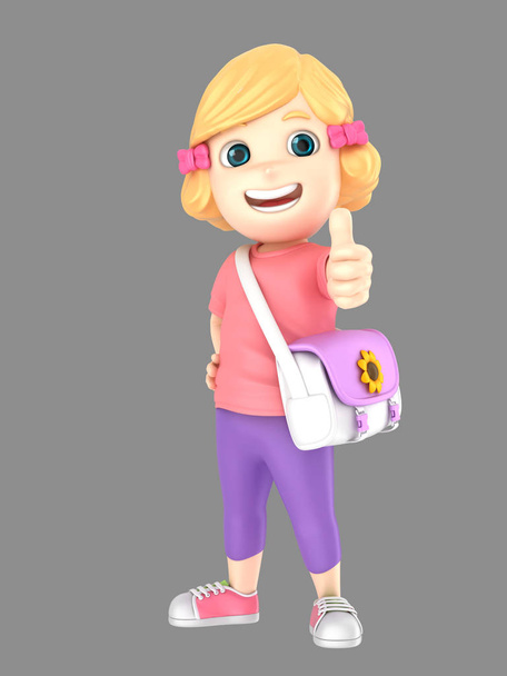 3d render of cute blonde little girl showing thumbs up sign wearing bag - Photo, Image