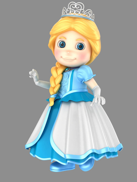 3D illustratie een schattig meisje in een mooie blauwe prinses jurk - Foto, afbeelding