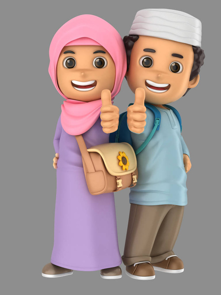 Illustration 3D de mignon petit garçon et fille musulman montrant pouces vers le haut signe portant des sacs
 - Photo, image
