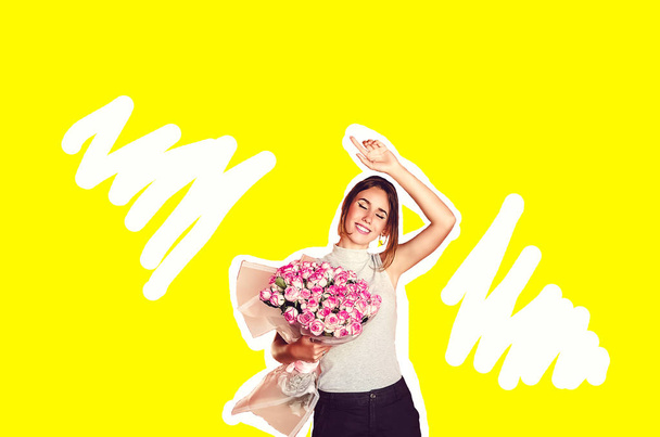 girl dancing. bouquet of roses. a collage of yellow color. - Foto, imagen