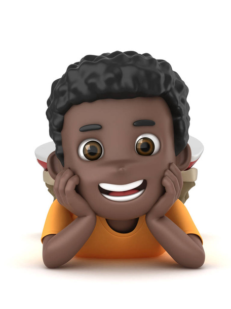 Illustration 3D d'un mignon garçon afro-américain allongé sur le sol souriant
 - Photo, image