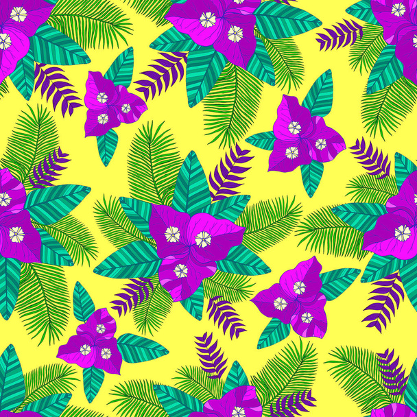 Palmiers à feuilles tropicales, fleur bougainvilliers motif sans couture backg
 - Vecteur, image