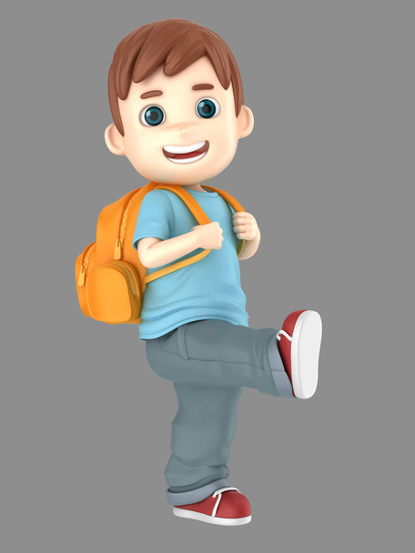 3D illustratie van een schattige jongen klaar voor school een rugzak uitvoering - Foto, afbeelding