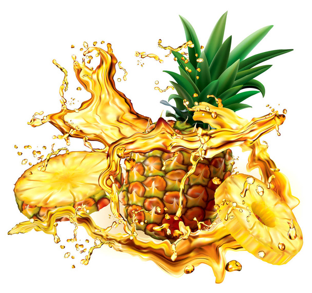 Ananas v Burst šplouchání šťáv na bílém pozadí. Vektorové ilustrace - Vektor, obrázek