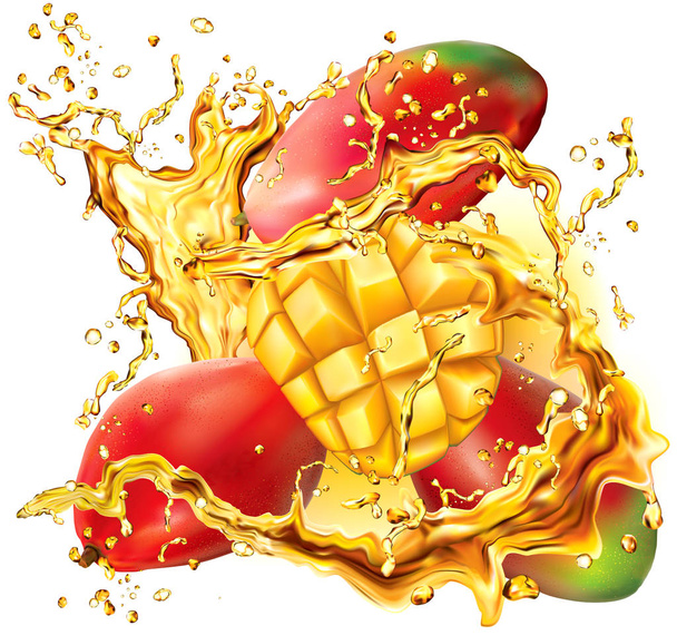 Mango into of burst splashes of juices on white. Vector illustration - Vector, Image