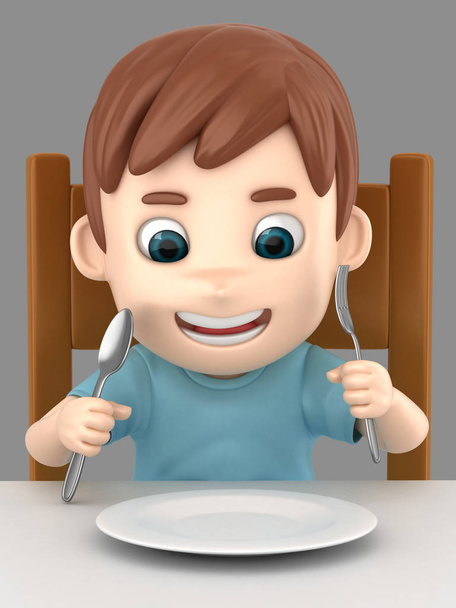 3D απεικόνιση του ένα χαριτωμένο αγόρι εκμετάλλευση κουτάλι και ένα δίκρανο στο τραπέζι έτοιμο να φάει - Φωτογραφία, εικόνα