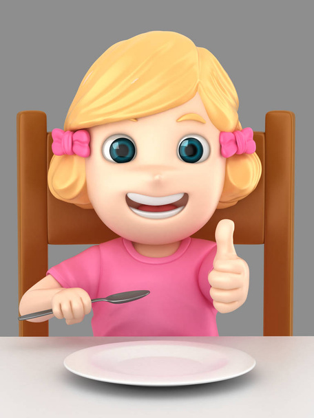 ダイニング テーブルの上のサインを親指を示すスプーンを保持しているかわいい女の子の 3 d イラストレーション - 写真・画像