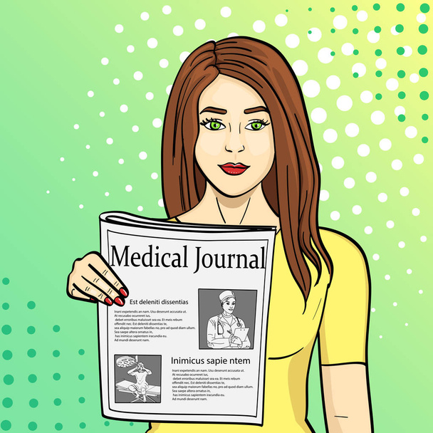 Pop art blue background. Young girl shows stretching newspaper with news. Journalism, medical journal. Vector with text. - Vector, Image