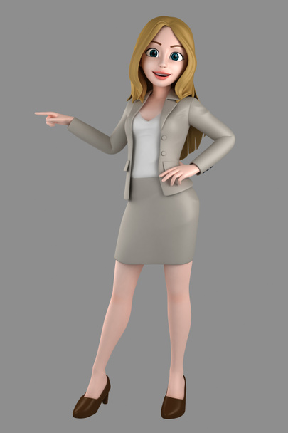 3d иллюстрация молодой деловой женщины в офисной одежде, указывающей на что-то
 - Фото, изображение