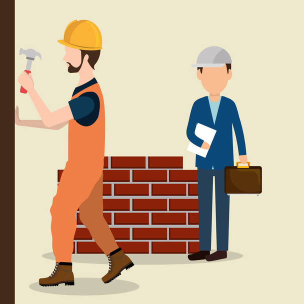 trabalhadores da construção civil com ícones em construção
 - Vetor, Imagem