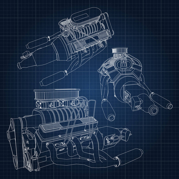Un conjunto de varios tipos de motor de coche de gran alcance. El motor se dibuja con líneas blancas en una hoja azul oscuro en una jaula
. - Vector, Imagen