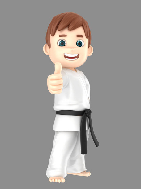 3d illustration of a boy in kimono doing karate showing thumbs up sign - Photo, Image
