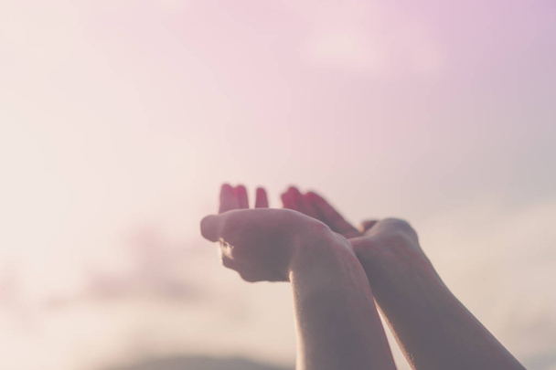 Женщина руки положить вместе, как молиться на зеленом фоне природы
. - Фото, изображение