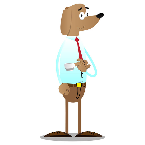 Cartoon illustrated business dog drinking coffee. - Vector, Image