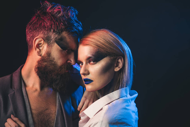 Desire concept. Fashion couple with makeup and stylish hair hug with desire. Beauty and desire. Style you desire - Foto, Imagem