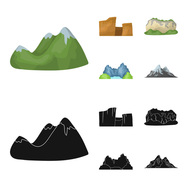 Green mountains with snow tops, a canyon, rocks with forests, a lagoon and rocks. Different mountains set collection icons in cartoon,black style vector symbol stock illustration web. - Vector, Imagen