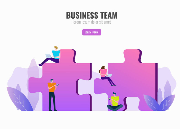 Business people working on puzzle. Business teamwork and partnership concept. flat design vector illustration - Вектор, зображення