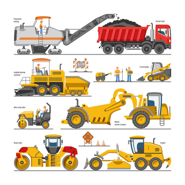 Escavatore per la costruzione di strade scavatrice vettoriale o bulldozer scavare con pala e macchinari di scavo illustrazione insieme di veicoli costruttivi e scavatrice isolato su sfondo bianco
 - Vettoriali, immagini