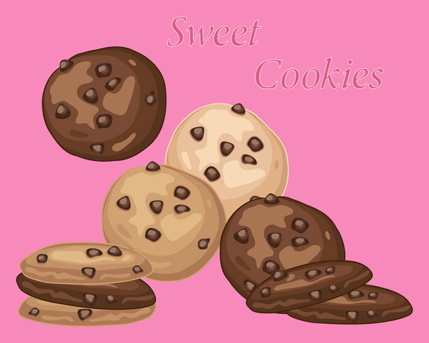 a vector illustration in eps 10 format of classic chocolate chip cookies on a sweet pink background in an advert format - Vector, Image