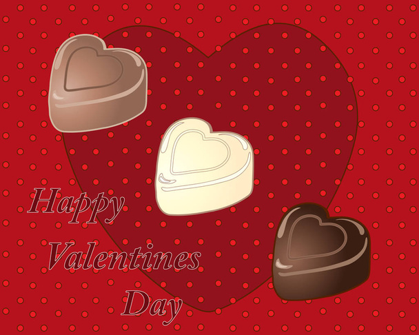 a vector illustration in eps 10 format of a valentines day greeting card with heart shaped chocolates in milk dark and white flavors on a red background - Vector, Image