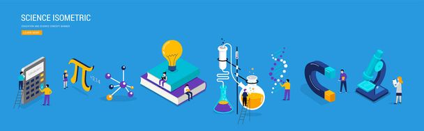 Science lab and school class. Education, mathematics, chemistry scene with miniature people, students. Isometric concept - Vector, Image