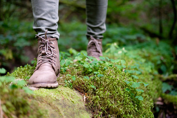 Woman's feet in travel boots on a mossy log in the forest. Travel concept. - Photo, Image