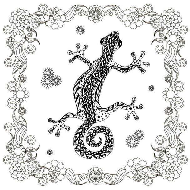 Lagarto estilizado Zentangle em quadro floral preto e branco desenhado à mão elemento de design de ilustração vetorial para web, para impressão
 - Vetor, Imagem