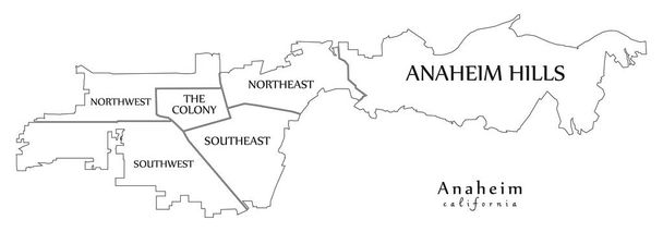 Modern şehir haritası - Anaheim California şehir mahalleleri ve başlıklar anahat harita ile ABD - Vektör, Görsel