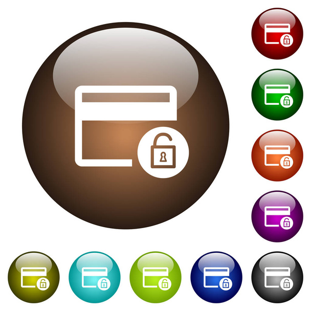 Desbloquear transações de cartão de crédito ícones brancos em botões de vidro cor redonda
 - Vetor, Imagem