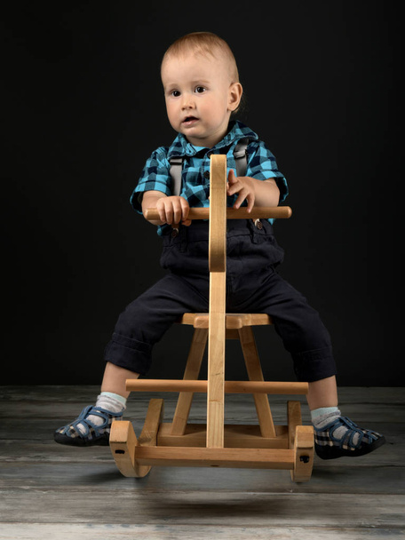 Sweet little boy playing at home with wooden horse, childhood games - Valokuva, kuva