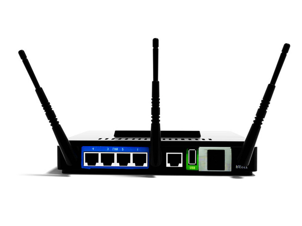 Moderno router wifi nero tre antenne su tre computer dietro rendering 3d su sfondo bianco con ombra
 - Foto, immagini