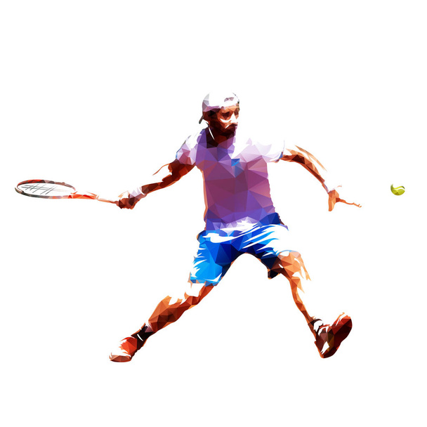 Tenisový hráč nízké poly vektorové ilustrace. Izolované dospělý muž bílou košili a modré šortky hrát tenis. Individuální letní sport. Aktivní lidé - Vektor, obrázek