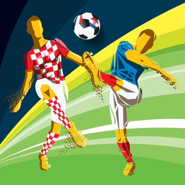 Finale 2018 Fifa world cup™. Voetbal voetbal met vlaggen van landen spelen in de laatste Frankrijk Kroatië. Voetbal voetbal spelers silhouetten in uniform van Frankrijk en Kroatië - Vector, afbeelding